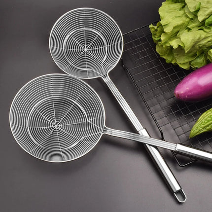 1 Stainless Steel Double Round Spoon, Reinforced and Thicker, Kitchen Restaurant Frying Fish Noodle Fishing Slag Isolation