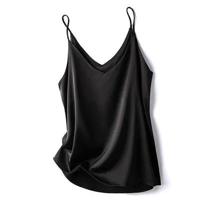 Woman T-shirts Elegant Faux Silk Satin Blouse Sleeveless Female Summer Casual Loose Tanks and Camis Solid Green Tops for Women