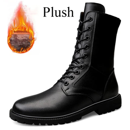 Men's Brown Leather Combat Boots High-Top Lace-Up with Side Zipper Plus Big Size 49 50 51 52