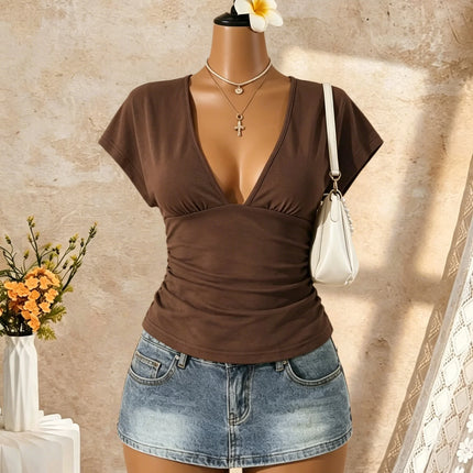 Women Short Sleeve Deep V Neck Side Ruched Wrap Crop T Shirt 2026 Summer Y2K Casual Streetwear Basic Solid Tees