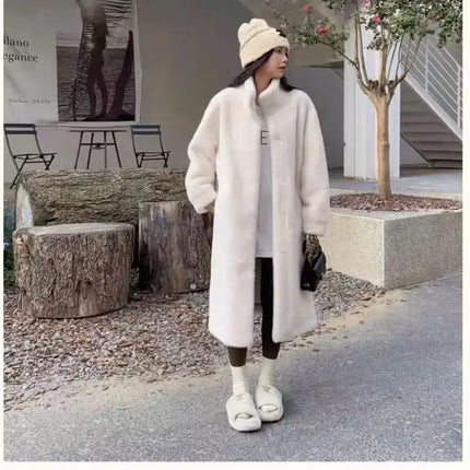 Women Pink Thick Faux Fur Jacket Colorblock Autumn Winter Maxi Coat Long Warm Luxury Belt Fur Parkas Bontjas Furry Outerwear