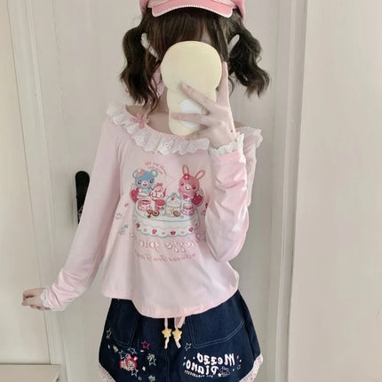 Japanese Girls Cartoon Printing Halter T-shirt Harajuku Grunge Kawaii Cute Loose Tees Women Y2k Aesthetic Lace Patchwork Tops