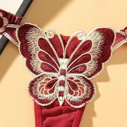 European Style Exquisite Butterfly Embroidered Thong Girl's Sweet Flower Perspective Lingerie for Women's Sexy Adjustable Briefs