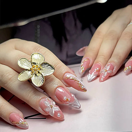 24Pcs Mid-length Gilded Almond Nails Set Press on 3D Flower Gradient Pink Full Cover False Nails Tips Pearl Reusable Fake Nails