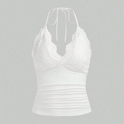 Lace V-neck Halter Top Women Summer Sexy Grunge Punk Goth Backless Ruched Crop Top Cami Top Streetwear Y2K Clothes 2024