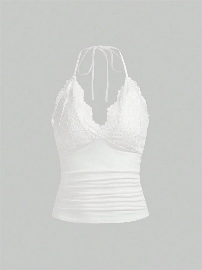 Lace V-neck Halter Top Women Summer Sexy Grunge Punk Goth Backless Ruched Crop Top Cami Top Streetwear - product image 6