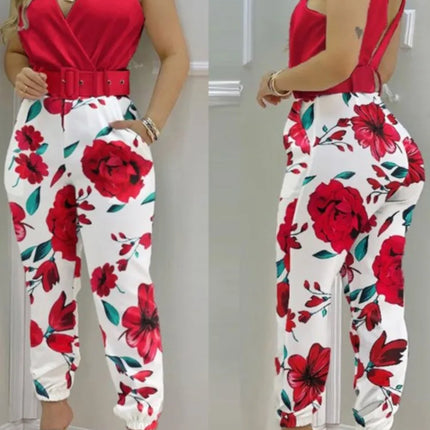 Summer Women Jumpsuits Elegant Office Lady Sexy V-neck Sleeveless Print Jumpsuits New Fashion With Belt Vest Playsuit Streetwear