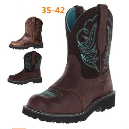 Womens Goth Cowboy Boots Embroidered Mid-calf Single Boot Mesh Lining Comfort Booties Woman Round Toe Retro Western Botas Mujer