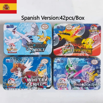 Pokemon Card Tin Box Set 42PCS Black Bolt White Flare Mega Evolution Game Anime Bank Cards for Children Collection Gift Kids Toy