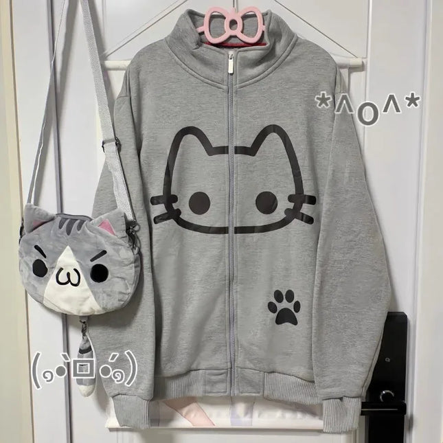 Japanisches Kawaii Kapuzen-Sweatshirt für Damen mit Reißverschluss, süß, Katze Ohren Mütze, langärmelig, lockere Jacke für Mädchen, süßes Soft-Girl Herbst-Outfit Neu