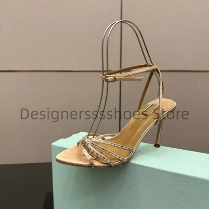Round Toe Rhinestone High Heel Sandals 10.5CM Luxury Crystal Women Party Dress Sandals Sheepskin Lining Italian Genuine Leather