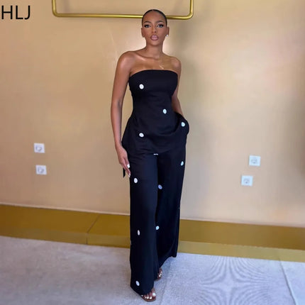 HLJ Women Polka Dot 2 Piece Outfits Elegant Bandeau Tube Top + High Waist Wide Leg Pants Set Summer Casual Streetwear Holidays