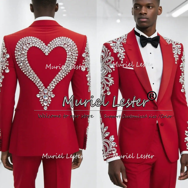 Brillant-Diamantperlen-rote Anzüge Herren 2-teilige Sets Bräutigam Hochzeits-Tuxedos Maßgeschneiderte Einreiher Party-Blazer traje hombre
