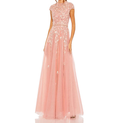 Customized A-line Evening Dresses Floor-length High-neck Full Sleeve Prom Gown Fashion Flowers Sequined Simple Draped Party Gown