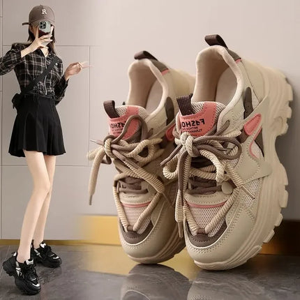 Women's Fashionable Dad Shoes Leather Upper Thick Bottom Casual Sports Shoes Spring Autumn New Style Breathable Lightweight