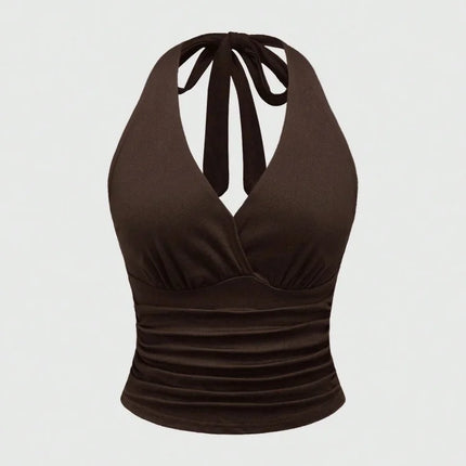 Leopard Printed V-neck Backless Halter Crop Top for Women Summer Sexy Y2K Sleeveless Ruched Top Streetwear