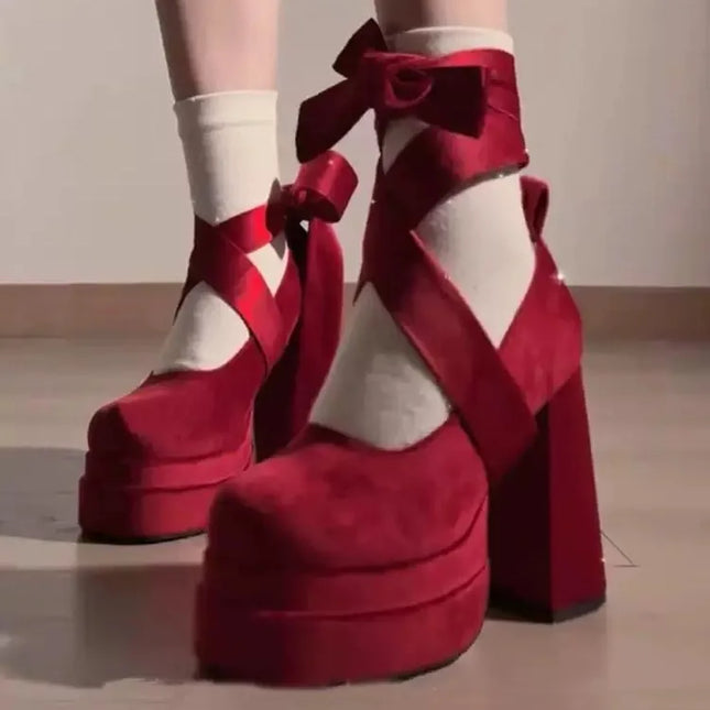Designer Platform Women Mary Jane Shoes Ladies Fashion Cross-tied Thick High Heels Women's Elegant Dress Pumps Chunky Shoes