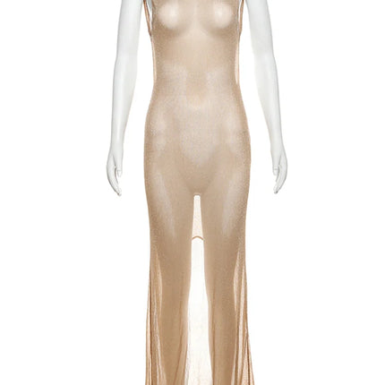 Weird Puss Glitter Sexy Dress Women See Through 2026 Summer Sleeveless Backless Splits Coquette Clubwear Beach Skinny Vestidos
