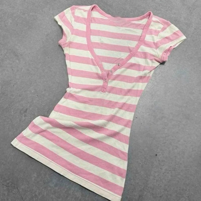 Amerikanisches Retro Hottie T-Shirt Rosa Gestreift V-Ausschnitt Kurzarm-Shirts Damen Slim-Fit All-Match Süße Oberteile Lässige Streetwear