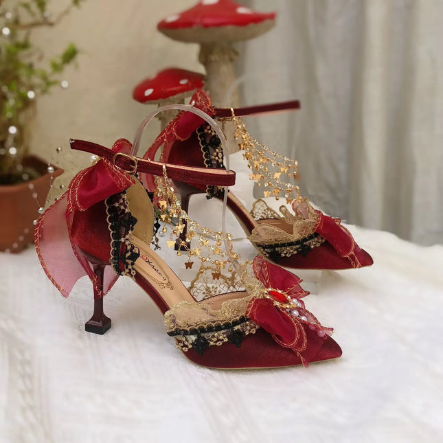 Elegant Pointed Toe Women's High Heels Luxury Bow Wedding Shoes Bride Pumps Mary Jane Shoes Kawaii Girl High Heels Women's Shoes