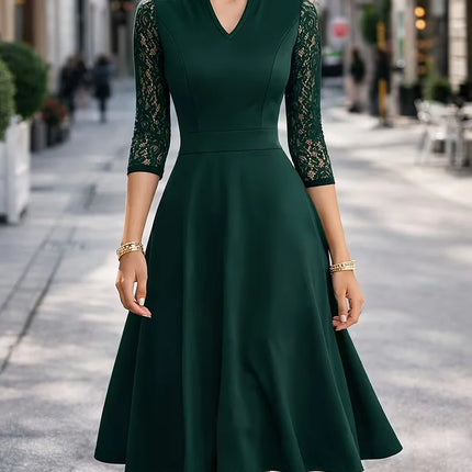 Sexy V-Neck Lace 2/3 Sleeve Summer Work Office Knee Length Base Show Thin Temperament Fit And Flare Swing