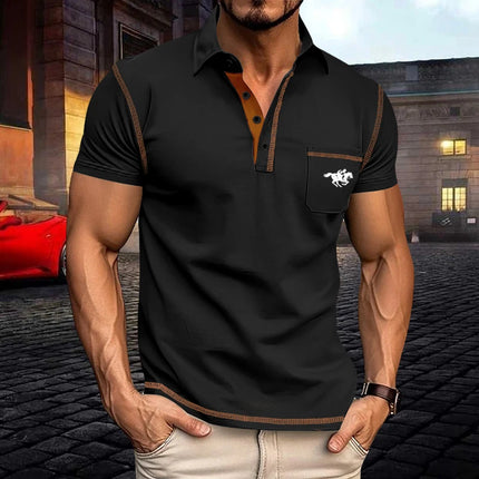 Men Polo Shirt Short Sleeve Contrast Stitch Chest Pocket Stretch Regular Fit Breathable Business Golf Summer Travel Casual Tops
