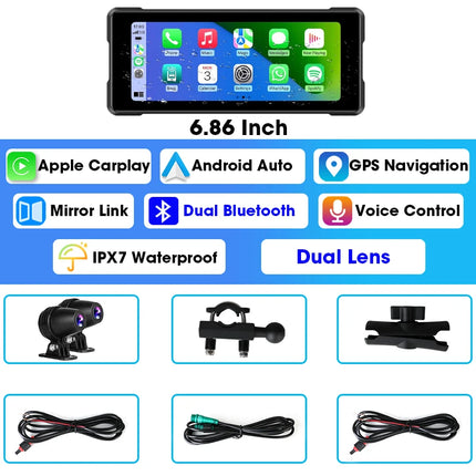 JMCQ 6.86'' Motorcycle DVR GPS Navigaton Wireless Carplay Android Auto Dash Cam IP67 Waterproof Dual Bluetooth Moto Monitor
