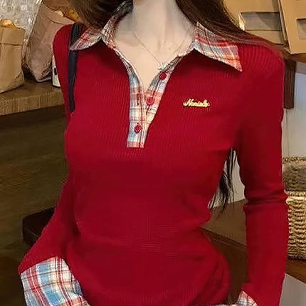 Preppy Polo Neck Plaid Long Sleeve Layered T Shirt Fake Two-piece Basic Top V Neck Button Blouses Tees