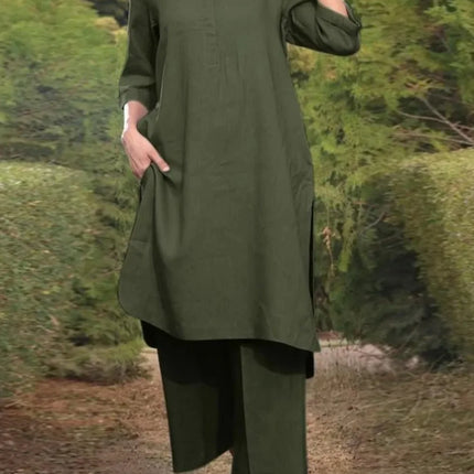 Muslim Women Wide Leg Pant Sets Shirts Loose Solid Two Piece Set V Neck Full Sleeve Long Tops Button Spliced Musulman Ensembles