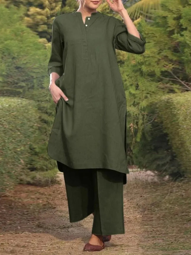 Muslimische Damen Wide Leg Hosen Sets Hemden Locker Einfarbig Zweiteiliges Set V-Ausschnitt Langarm Lange Oberteile Geknöpft Geteilte Musulman Ensembles