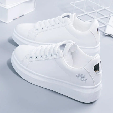 Women Leather Pu Casual Shoes New 2025 Woman Shoes Fashion Embroidered White Sneakers Breathable Flower Lace-Up Women Sneakers