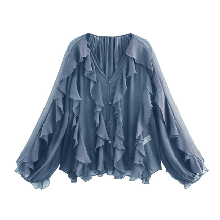 2026 New Summer Women's Elegant Loose Long Sleeve Chiffon Layered Shirts Lady Vintage V-neck Translucent Tierred Ruffles Blouses