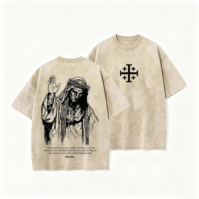 2026 Jesus mit Dornenkrone T-Shirt Vintage Washed Grey Grafik T-Shirt Unisex Lässiges Religiöses Oberteil