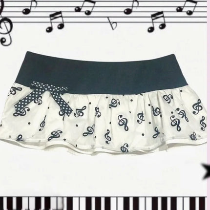Y2K Music Note Print Mini Skirt, Black White Ruffle Micro Skirt with Polka Dot Bow,Kawaii Aesthetic Low Waist Skirt for Women