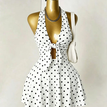 Halter Deep V Front Tie Cut Out Mini Dress Summer Y2K Night Club Party Flare Skirt Dresses