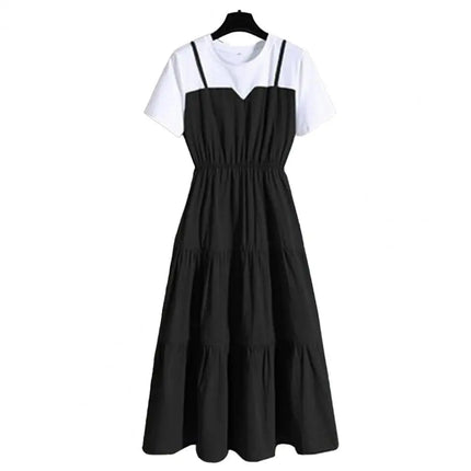 2024 Fashion Strap Fake Two piece Dress Block Summer Short sleeved Dress Women's Waist Tight Dress