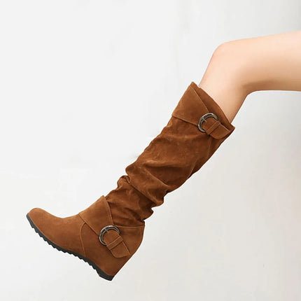 Big size 43 High Quality Wasteland Vintage Brown Maillard style Boots Retro Black Height increased Shoes Women Knee High Boots