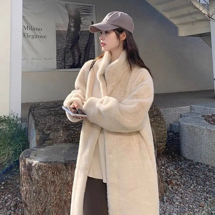 Women Pink Thick Faux Fur Jacket Colorblock Autumn Winter Maxi Coat Long Warm Luxury Belt Fur Parkas Bontjas Furry Outerwear