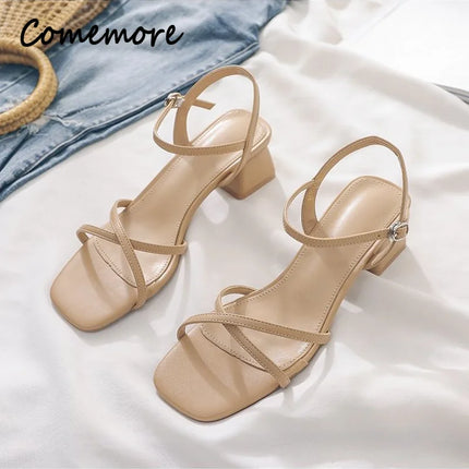 Comemore Comfortable 2023 Summer Block Heel Women's Sandals Girl Shoes Black Outer Wear Fashion Elegant Medium Heels Footwear 40