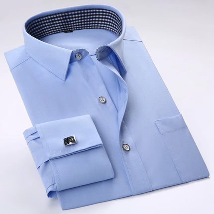 Men's Spread Collar French Cuff Dress Shirt Long Sleeve Formal Business Buttons Male Wedding Shirts Regular Fit Cufflinks Shirt