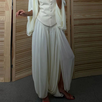 Small Lapel Women's Two Piece Set Flare Sleeve Top High Slit Long Pants Fashion Two Piece Outfit Button Waist Cinching Cardigan