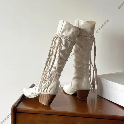 Comemore White Retro Platform Knee High Boots Thick High Heels Shoes for Women Fashion Autumn Stacked Long Knight Botas Female