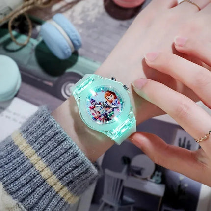 Disney Children Watch Frozen Princess Pattern Led Glowing Flash Fashion Kids Quartz Wristwatch Christmas Gifts