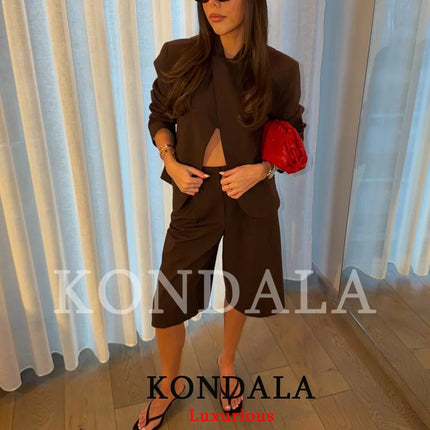 KONDALA Women Office Lady Casual Chic Brown Blazer Suit Long Sleeve Blazer Zipper Half Pants Fashion 2026 Spring Summer Suit