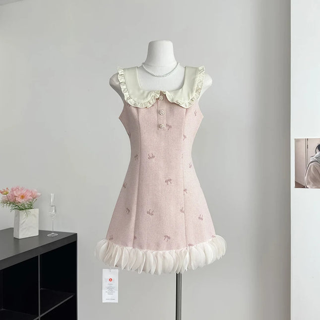 MEXZT Süßes pinkfarbenes Minikleid Damen Mode Kawaii Party Schleifen-Patchwork-Kleider Koreanisches elegantes Sommerkleid Eng anliegende Kleider Neu