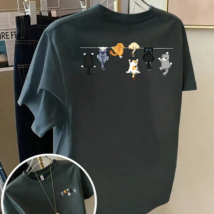 Cartoons Cats Prints T-Shirts Summer Womens Cotton T Shirts Basic O-Neck Oversized Short Sleeve Tops Casual Street Woman Clothes