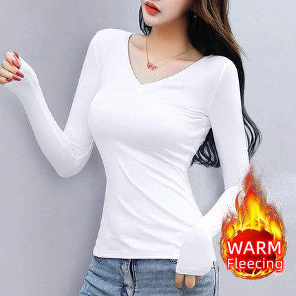 O Neck Long Sleeve Fleeceing Heating Fiber Thermal Basic T-Shirts Winter Bottoming Cropped Tops Casual Skinny