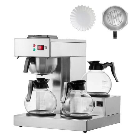 SucceBuy 12 Cups Commercial Drip Coffee Maker Coffee Maker Machine with 3 Glass Carafes 3 Warmer Plates Stainless Steel for Cafe