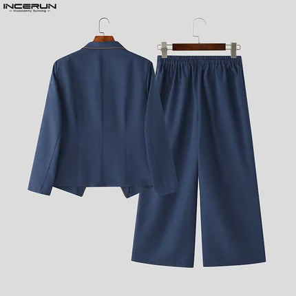 INCERUN Men Sets Patchwork Elegant Long Sleeve Blazer & Wide Leg Pants Two Pieces Sets Streetwear Fashion Men's Casual Suits