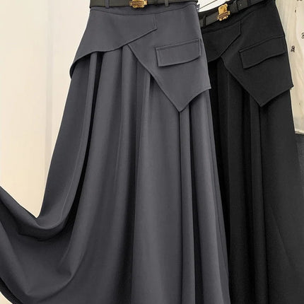 Frence Women Skirts Patchwork Irregular Design Dark Gray A-line Elegant High Waist Long Skirt Summer Fashion Young Office Lady